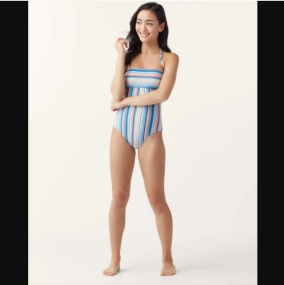 Splendid~Pink & Blue Striped Strapless Criss Cross Tie Back One Piece Swimsuit - Picture 15 of 16